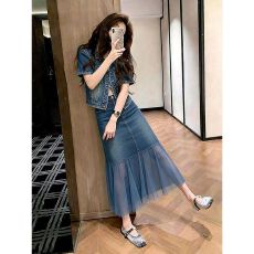 批发时髦洋气高级感牛仔上衣外套女<b class='q'>春</b>夏新款高腰显瘦网纱半身裙两件套