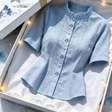 批发法式木耳边领衬衣女<b class='q'>夏</b>季2026新款单排扣短袖衬衫百搭显瘦上衣小衫