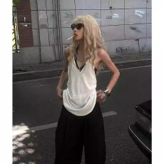 批发美式辣妹V领挂脖露背吊带背心女夏季宽松显瘦微透毛针织衫上衣潮