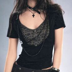 批发黑色珠链字母印花黑灰撞色假两件<b class='q'>翻领</b>显瘦辣妹上衣
