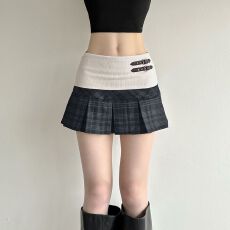 批发美式学院翻腰撞色拼接格纹<b class='q'>百褶</b>裙2026春新款百搭A摆显瘦半身<b class='q'>短裙</b>