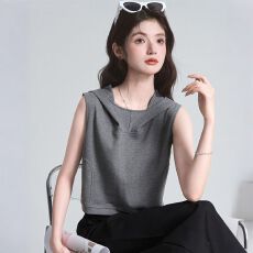 批发设计感露背连帽马甲女夏季新款镂空坎肩背心t恤小众短款无袖<b class='q'>卫衣</b>
