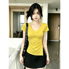 批发【<b class='q'>莫代尔</b>人棉260克】不规则收腰短袖修身V领上衣夏显瘦<b class='q'>打底衫</b>T恤