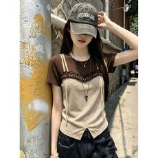 批发棕色<b class='q'>短袖</b>女<b class='q'>t</b><b class='q'>恤</b>夏季2026新款别致设计高级感独特假两件百搭上衣