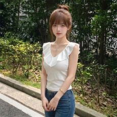 40支酷丝绵拼雪纺纯欲荷叶摆女夏一字肩设计感修身显瘦上衣