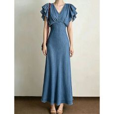 批发复古时髦牛仔连衣裙女夏<b class='q'>新款</b>设计感小众V领木耳边短袖高腰A字<b class='q'>长裙</b>