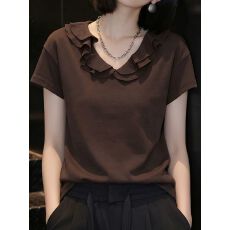 批发胖mm300斤<b class='q'>大码</b>复古V领t恤女夏季洋气减龄宽松显瘦荷叶边短袖<b class='q'>上衣</b>