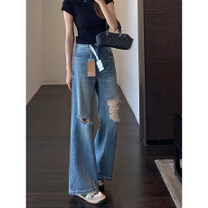 批发美式复古高腰破洞牛仔裤女夏宽松直筒阔腿裤显瘦显高垂感拖地<b class='q'>长裤</b>