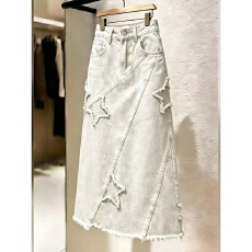 批发洋气减龄白色牛仔裙女夏季新款星星<b class='q'>不规则</b><b class='q'>半身裙</b>辣妹显瘦A字长裙