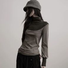 批发美式复古秋冬新款变化斜襟领口拼色<b class='q'>长袖</b>慵懒风内搭打底T恤上衣潮