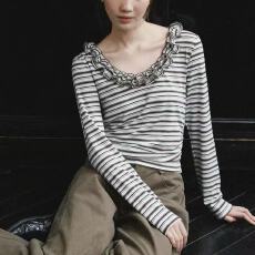 批发法式复古条纹上衣女荷叶边方领修身显瘦秋季长袖打底小衫女