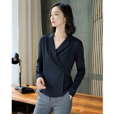 批发衬衫女长袖黑色<b class='q'>西装</b>领职业时尚秋季新款宽松气质<b class='q'>雪纺</b>衬衣V领上衣