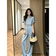 批发法式复古洋气浅蓝牛仔<b class='q'>连体裤女</b>夏季新款通勤气质显瘦高腰阔腿<b class='q'>裤</b>