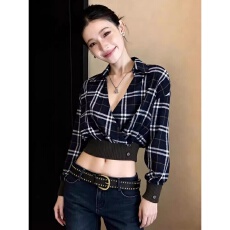 批发官图 原版纯棉色织布 韩系格纹V领长袖<b class='q'>衬衫</b>女<b class='q'>时尚</b>短款上衣