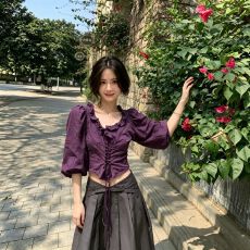 批发韩版<b class='q'>时尚</b>通勤紫色泡泡袖<b class='q'>衬衫</b>女收腰绑带荷叶领显瘦气质法式<b class='q'>衬衣</b>