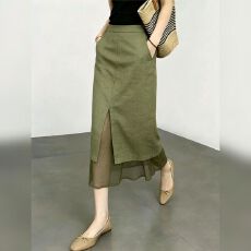 批发通勤风绿色开叉半身裙女高腰显瘦<b class='q'>百搭</b>中长裙气质半裙2026夏新款