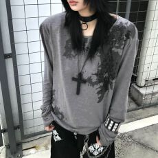 批发y2k亚文化灰色长袖t恤女<b class='q'>秋</b>冬新款大领口打底衫宽松上衣视觉系朋克
