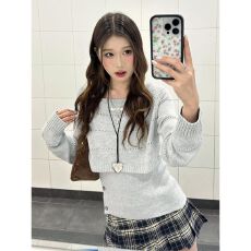 批发温柔风两件套挂脖针织衫女早春穿搭镂空修身打底衫设计感韩系上衣