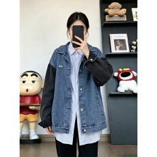 批发美式复古风拼接牛仔外套女春秋宽松设计感小众炸街工装夹克上衣潮