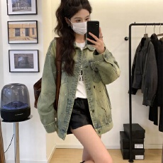 批发美式复古<b class='q'>通勤</b>气质做旧牛仔外套女秋季宽松设计感小众工装夹克上衣