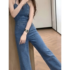 批发法式复古牛仔<b class='q'>连体</b><b class='q'>裤</b>女款秋季通勤显瘦高腰阔腿裤气质无袖吊带<b class='q'>长裤</b>
