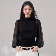 批发官图实价 人棉260克 法式秋冬高领灯笼袖显瘦拼接上衣<b class='q'>女长袖</b>衬衫