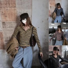 批发260克原版条纹布 复古撞色长袖连帽<b class='q'>T</b><b class='q'>恤</b>女26秋新款时尚修身打底衫