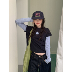 彩棉拉架 设计感假两件正肩上衣女26新款叠穿打底长袖T恤韩系