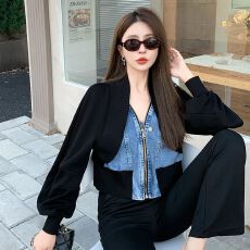 批发设计感小众黑色牛仔拼接长袖短款<b class='q'>外套</b>女装春秋辣妹假两件开衫上衣