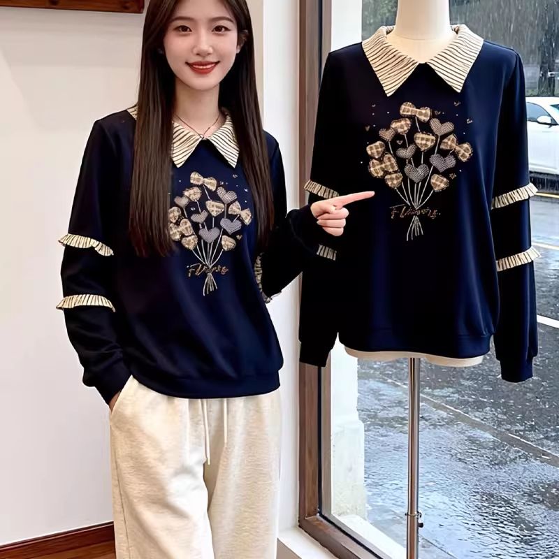 美式复古风刺绣翻领长袖卫衣女冬微胖大码设计假两件减龄上衣
