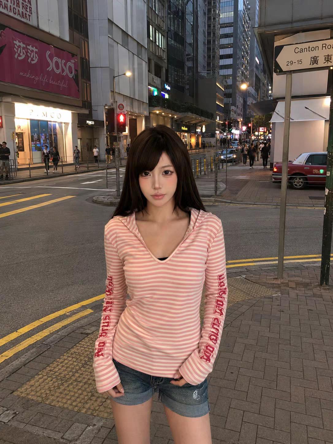 原版色织条秋冬高级感字母印花粉色条纹百搭连帽衫T恤