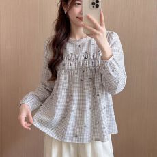 批发法式小资别致上衣女2026新款格纹<b class='q'>衬衫</b>花边圆领气质<b class='q'>长袖</b>超仙<b class='q'>衬衣</b>