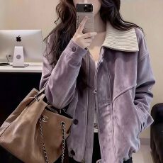 批发休闲风紫色麂皮翻领短外套女<b class='q'>春</b>季新款宽松高级感百搭时尚夹克上衣