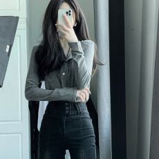 批发灰色打底秋季春季小众修身设计新款韩版<b class='q'>衬衫</b>气质开衫别致长袖上衣