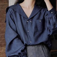 批发海军风条纹宽松衬衫显瘦<b class='q'>百搭</b>2026春新款洋气甜美长袖上衣
