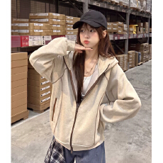 批发休闲风杏色连帽拉链<b class='q'>开衫</b>长袖宽松<b class='q'>卫衣</b>/绒衫 显瘦百搭