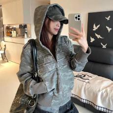 批发迷彩美式连帽<b class='q'>卫衣</b>外套女秋季新款迷彩短款正肩拉链<b class='q'>开衫</b>