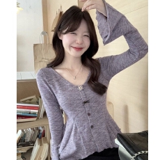 彩棉羊绒面料  V领喇叭长袖T恤女不规则修身显瘦打底衫上衣
