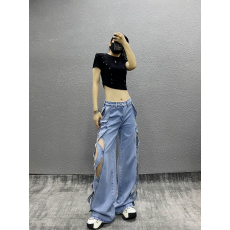 批发个性镂空设计感休闲牛仔<b class='q'>裤</b>女秋季新款高腰宽松显瘦百搭阔腿拖地<b class='q'>裤</b>