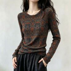 批发复古印花圆领时尚新款长袖t恤女修身<b class='q'>妈妈装</b>显瘦打底衫秋季上衣