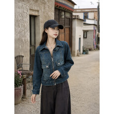 批发辣妹短款牛仔外套女秋季设计感小众拉链上衣深蓝色显瘦机车夹克