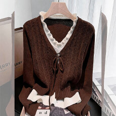 批发秋冬<b class='q'>大码</b>女装<b class='q'>胖</b><b class='q'>MM</b><b class='q'>韩</b>系时尚v领假两件针织衫气质百搭显瘦长恤上衣