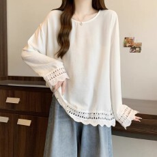 批发蕾丝镂空肌理感慵懒风长袖t恤女2026早秋大码微<b class='q'>胖</b>妹妹遮肚子上衣