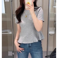荷叶边灰色短袖t恤女2026年夏季新款设计感小众圆领正肩百搭上衣