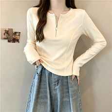 批发正肩半拉链鱼骨显瘦长袖t恤打底衫女秋季新款微<b class='q'>胖</b>妹妹遮肚子上衣