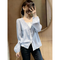 批发洋气木耳边系带假两件衬衫女春季大码胖妹妹韩系时尚显瘦百搭上衣