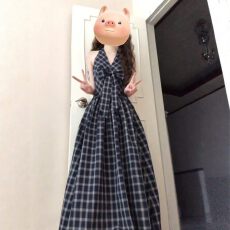 批发法式格纹蝴蝶结系带挂脖<b class='q'>连衣裙</b>女气质收腰A字长裙