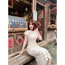 批发新中式国风蕾英俊彩虹糖豆复古<b class='q'>改良</b><b class='q'>旗袍</b>裙女夏波点条纹长裙