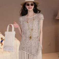 批发2026夏季新款高级设计感镂空亮片短袖上衣女装时尚慵懒风<b class='q'>大码</b>内搭