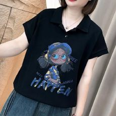 批发【】夏季新款时尚<b class='q'>妈妈</b>装纯棉印花<b class='q'>短袖</b>T恤宽松洋气翻领上衣女士